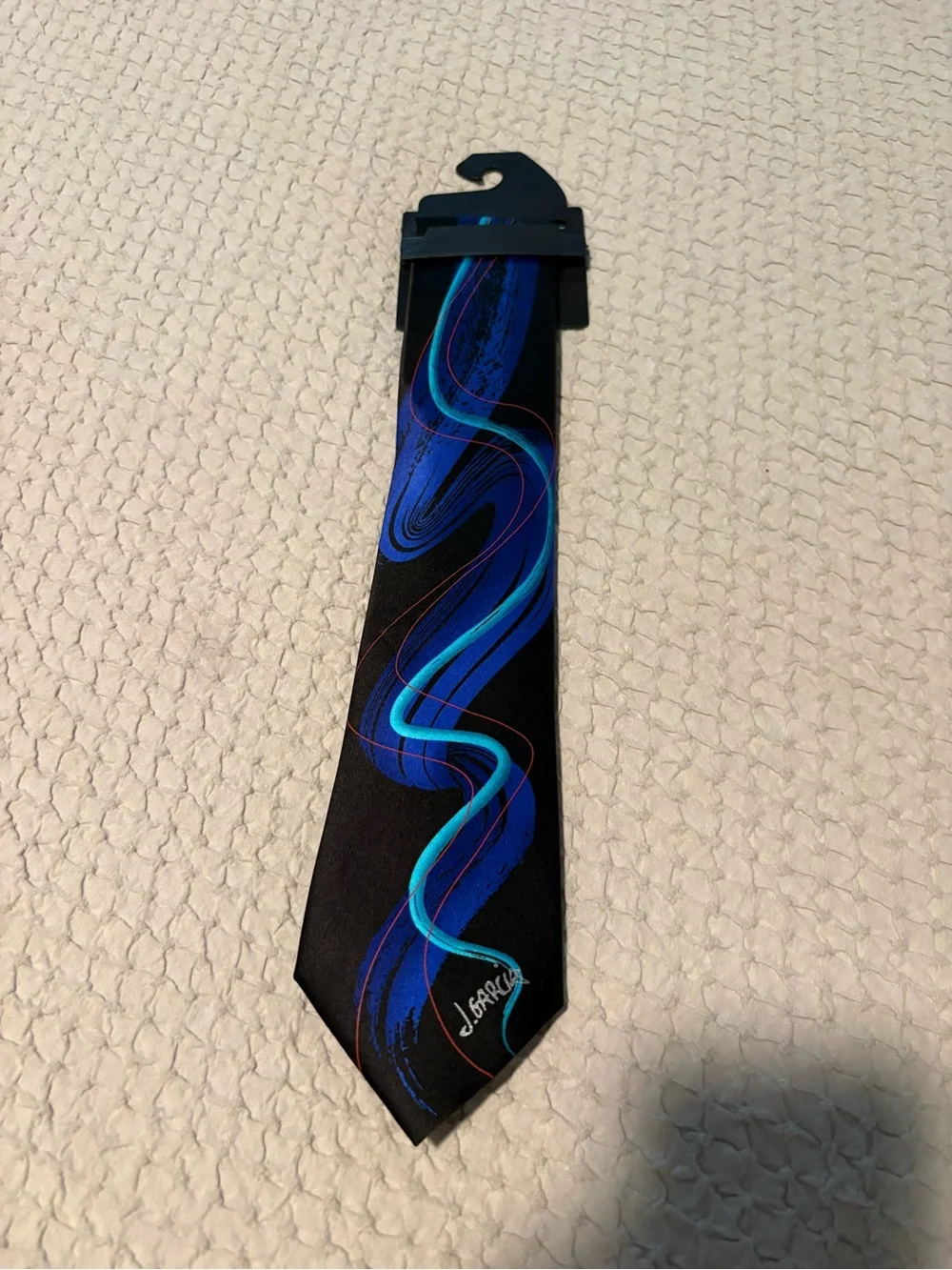 J. Garcia Black Tie with Blue and Teal Wave Design